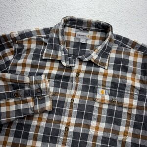 Carhartt Mens XL Plaid Flannel Shirt Grey Brown White Long Sleeve 102815 066